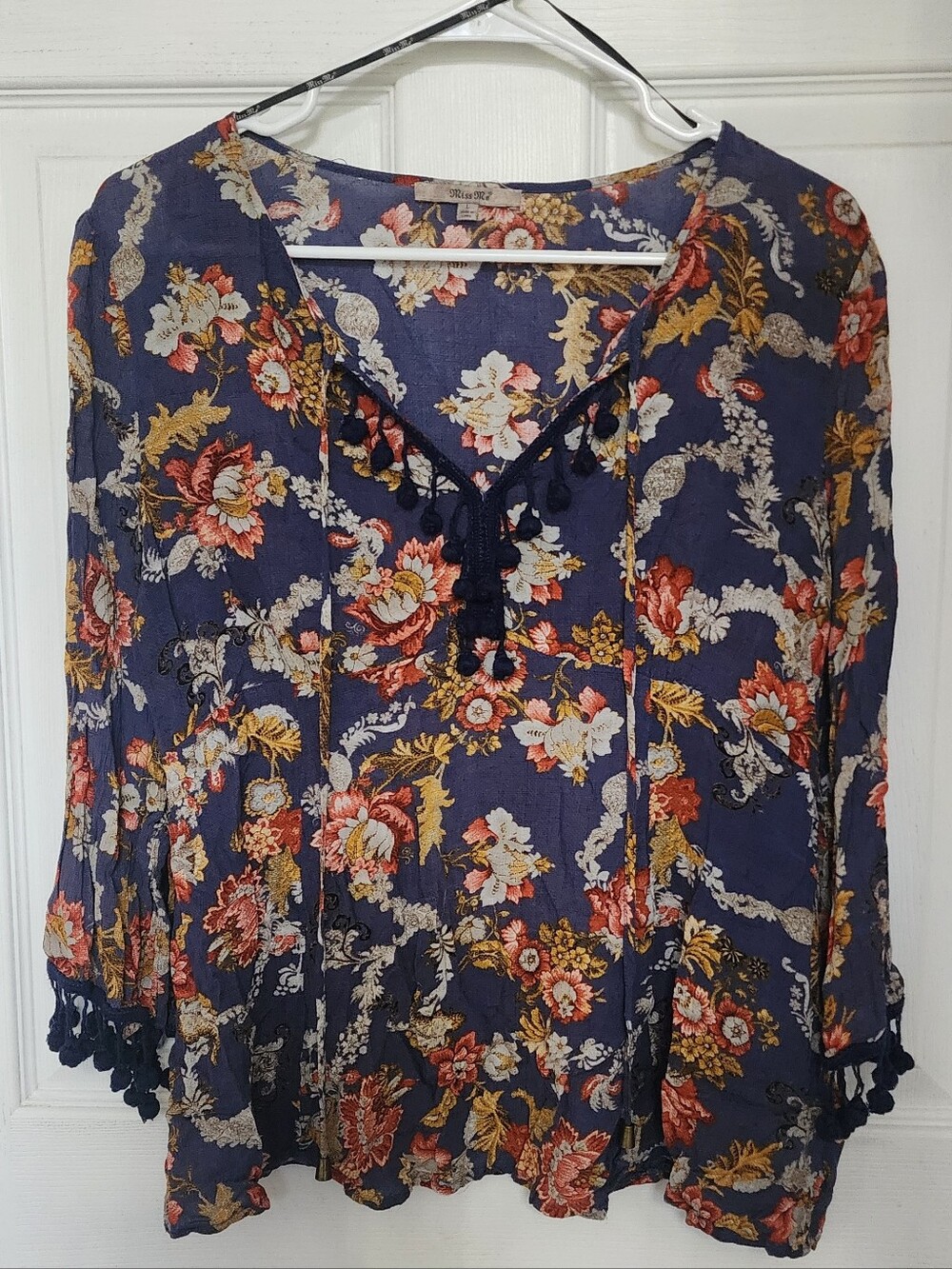 Miss Me Navy Floral Peasant Tunic with Tassel Detail